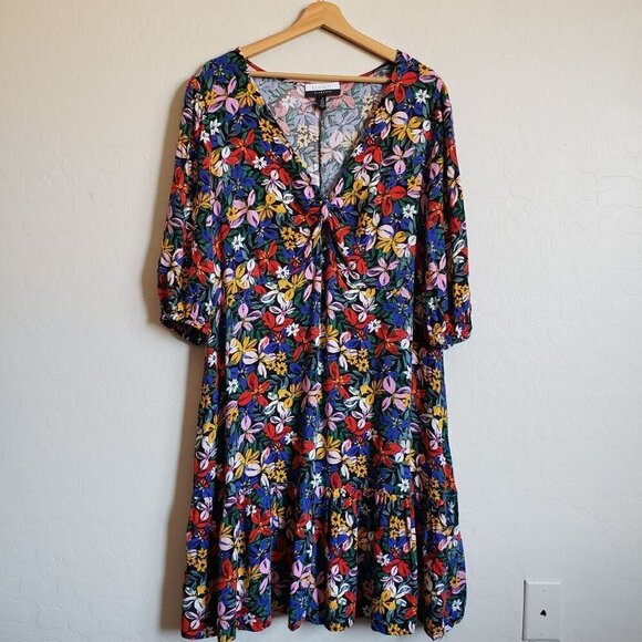 Eloquii Knot Front V-Neck Floral Flounce Dress Island Garland Sz Women's 20 Plus - Picture 1 of 10